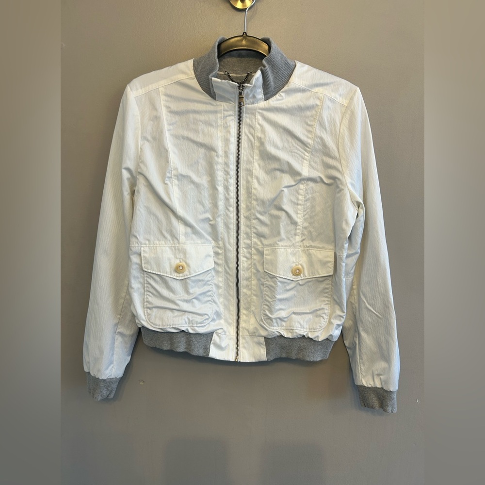 Banana Republic White Bomber Jacket with Gray Trim M/L